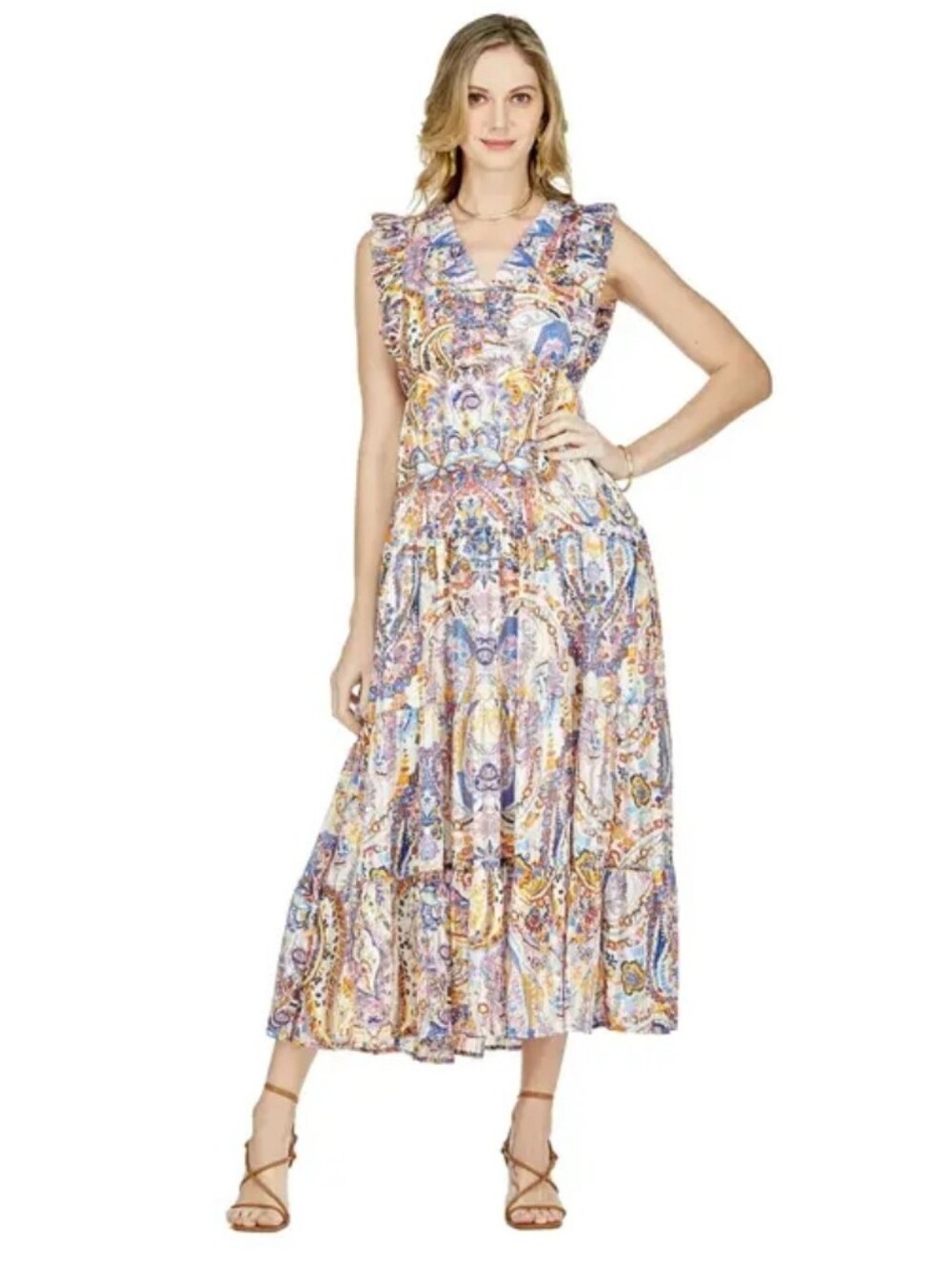 Jade Melody Tam Paisley Ruched V-Neck Maxi Dress Women's Size XS W/Pockets